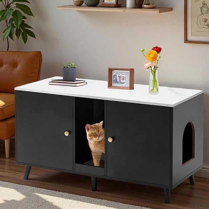 Litter Box Enclosure for Cats, Hidden Cat Litter Boxes Furniture with Cat Scratch Pad, Indoor Pet House with Double Room, Wooden TV Stand Side Table, Black