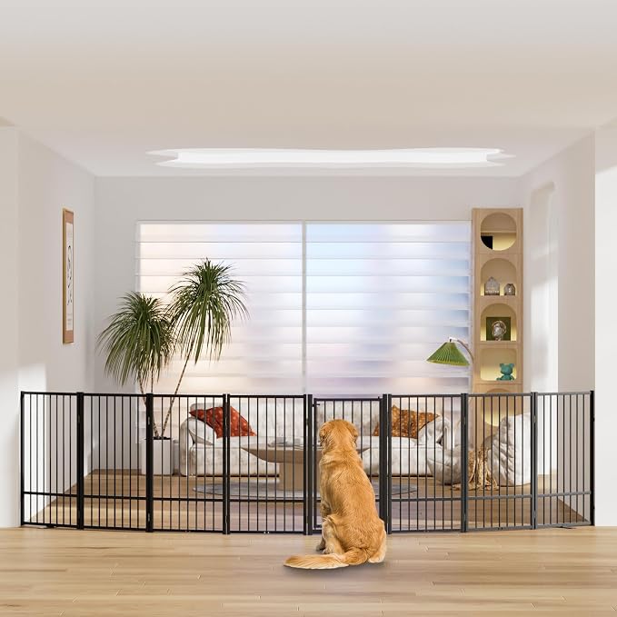 SNUOWU Full Metal Freestanding Dog Gate with Door, 36''Height Foldable Pet Dog Fence for Indoor & Outdoor, 8 Panels Extra Wide Free Standing TallDog Gates for Doorways,House,Stairs,Porch,Deck,Yard