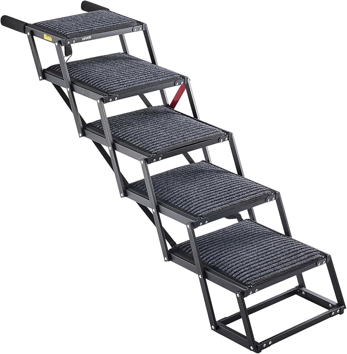 VEVOR Dog Stairs for Car, 5 Steps Extra Wide Foldable Dog Ramp for Large Dogs with Non-Slip Rug Surface, Portable Lightweight Pet Ladder for Car, SUV, Truck, High Beds, Sofas, Support up to 200 lbs