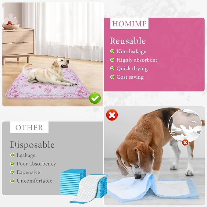 Homimp Washable Pee Pads for Dogs, 2 Pack Reusable Puppy Pads Waterproof, Absorbent and Leakproof Dog Pee Pads, Non Slip Puppy Training Pads, Pet Mat for Floor,Crate,Couch,Whelping,Pink, 36"x41"