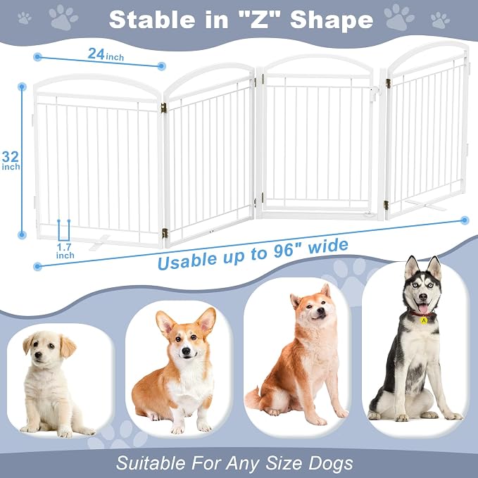 Full Metal Free Standing Dog Gate with Door for Outdoor Indoor,96'' Extra Wide 32'' Tall Dog Gates for Doorways,Large Openings,Decks,Porch,Freestanding Portable Pet Fence(4 Panels,White)
