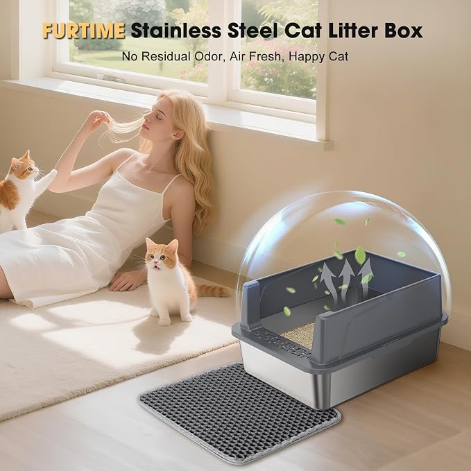 FURTIME Stainless Steel Cat Litter Box, Easy-Clean High-Sided Metal Litter Box, Open-Top Litter Pan for Small Cats, Includes Scoop & Mat, Non-Stick, Anti-Leakage, 17"×13"×8.4"