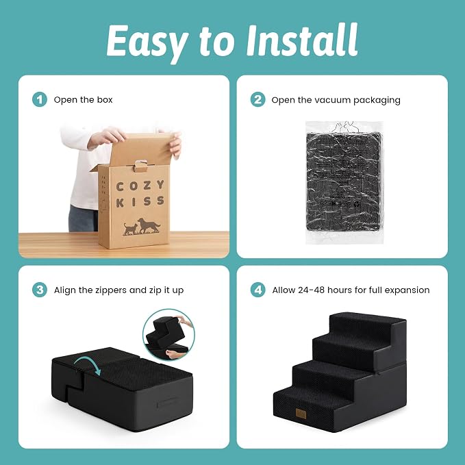 COZY KISS Dog Stairs for Small Dogs, 4 Tier Removable Pet Stairs for Couch and Bed, 17.7" H Dog Steps for Old Cats, Puppy, Small Dogs, 15.7x23.6x17.7 inch, Black