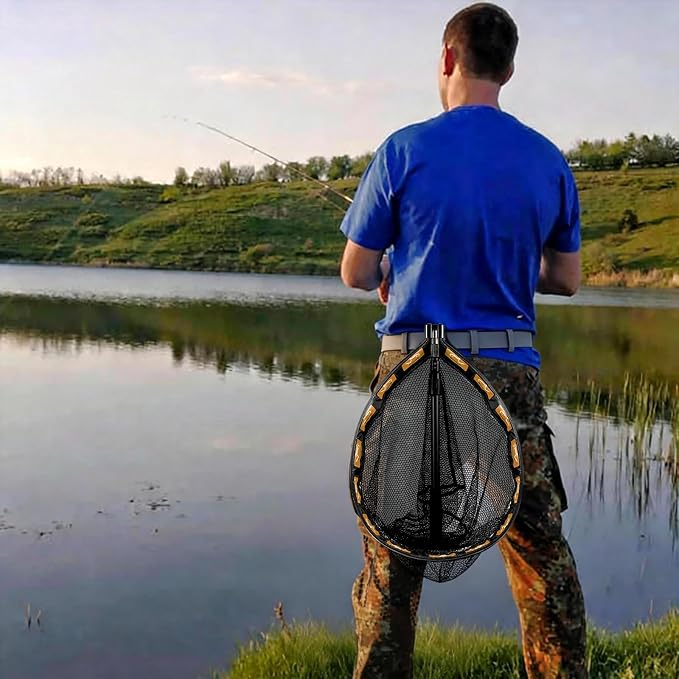 PLUSINNO Fishing Net Fish Floating Landing Net, Kayak Nets with Fixed Foldable Telescopic Pole Handle, Bass Trout Fishing Nets with Nylon Mesh for Pond Lake River, Fishing Gear Gifts for Men Anglers