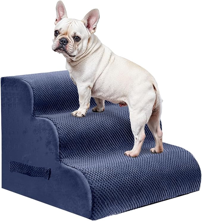 PAWSCRAT Pet Stairs for Dogs 3-Step, 15.7" H Pet Stairs for High Bed, Couch Sofa & Chair, 30D Material Soft Foam Dog Steps with Non-Slip Bottom Surface Removable Washable Cover, Blue