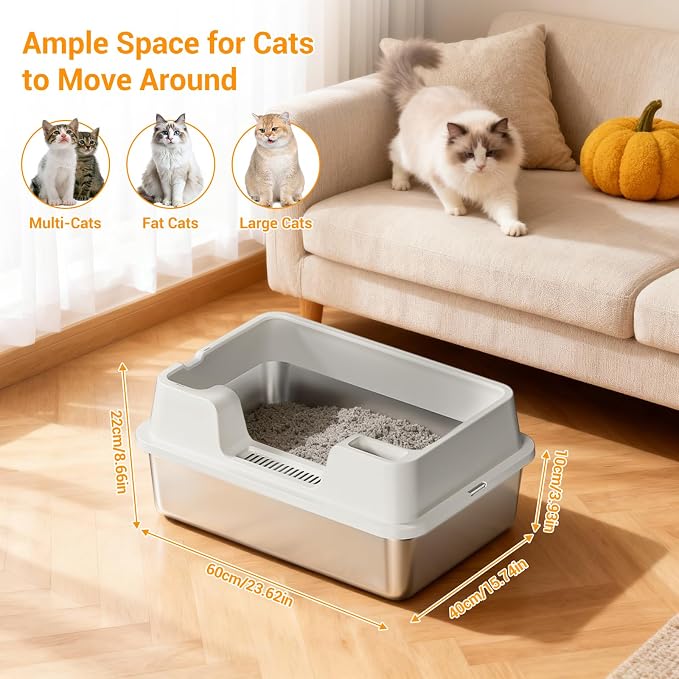 24.6 Inch Large Cat Litter Box, Semi-Enclosed Stainless Steel & PP Pan with High Sides for Anti-Leakage, Flip-Top Lid & Scoop Included for Large Cats-Transparent Black