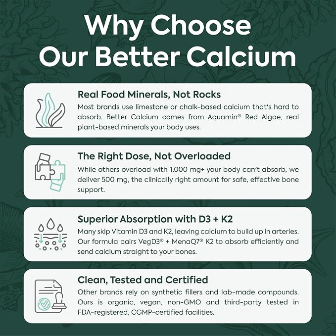 Organics Ocean Better Calcium - Organic Red Algae Calcium with Vitamin D3 and K2 Supplements - Supports Bone Structure, Joint Comfort & Encourages Healthy Aging - Plant-Based, Non-GMO - 3 Pack