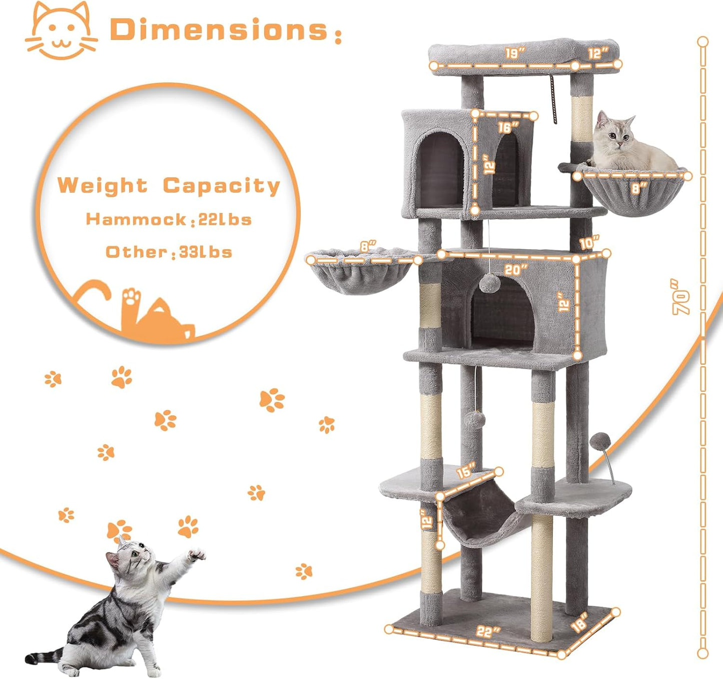70-Inch Cat Tree,Large Cat Tree Tower with Hammock, Scratching Post, Condo and Multi-Level Cat Tower for Large Cats, Cat Activity Center Playhouse, Light Gray LCT016