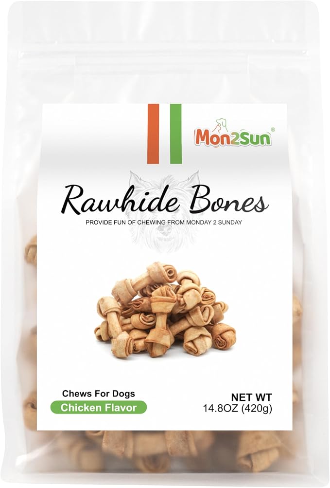 MON2SUN Dog Rawhide Knot Bones Small Rawhide Bones Mini Chews Chicken Flavour 2.5 Inch 60 Count for Puppy and Small Dogs