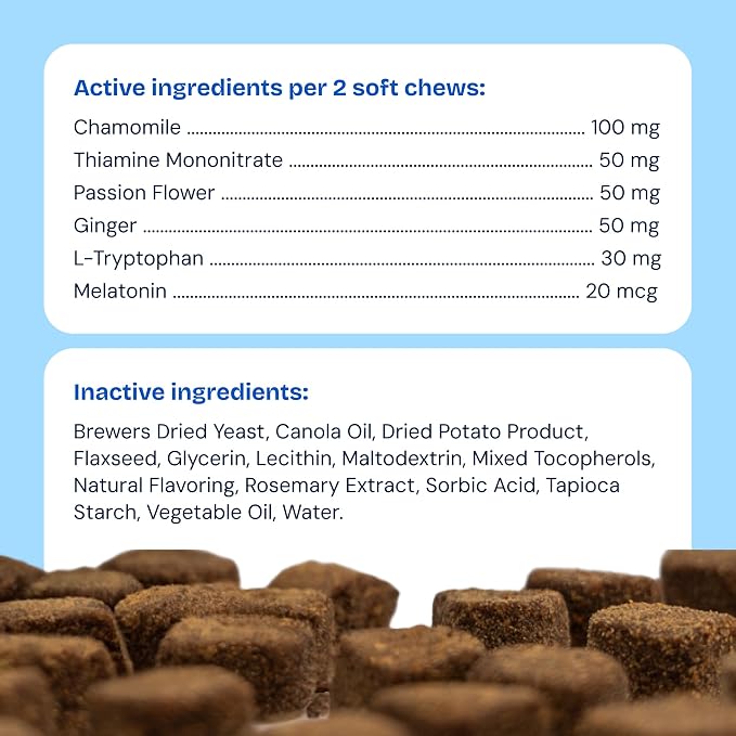Calming Aid for Dogs – 60-Count Soft Chews with Melatonin, Chamomile & L-Tryptophan – Promotes Relaxation During Stressful Events – Vet Recommended Calming Supplement – Made in USA