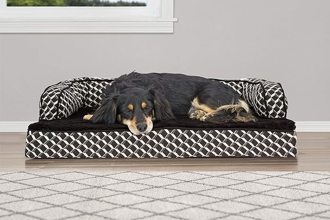 Furhaven Orthopedic Dog Bed for Medium/Small Dogs w/ Removable Bolsters & Washable Cover, For Dogs Up to 35 lbs - Plush & Woven Decor Comfy Couch Sofa - Diamond Brown, Medium