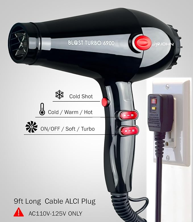 JOHN Professional Hair Blow Dryer, Fast Drying Powerful 2200W, Ionic for No Damage to Hair, Blast Turbo 6900, Black