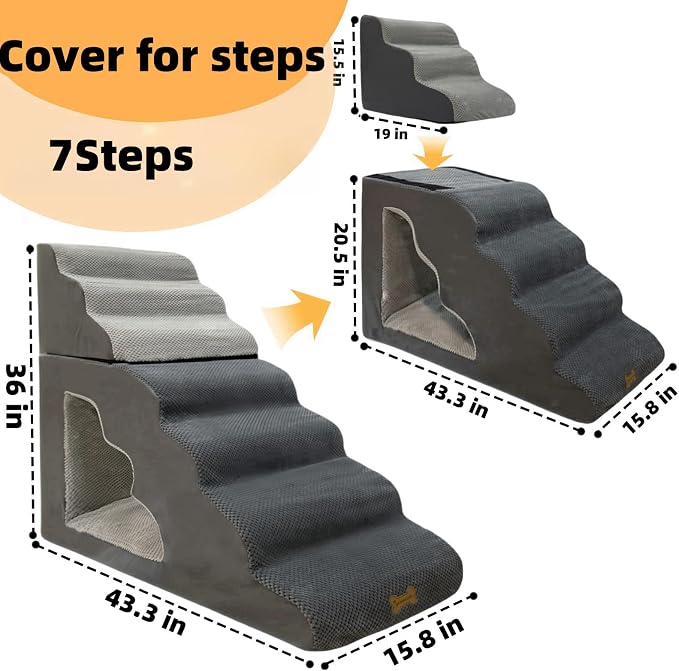 Pet Steps Cover for Small Dogs and Cats, Portable Foam Dog Ramp Stairs for Couch, Sofa, and High Bed Climbing - Grey 7-Step 43.3" L*15.8" W*36" H (Cover Only)
