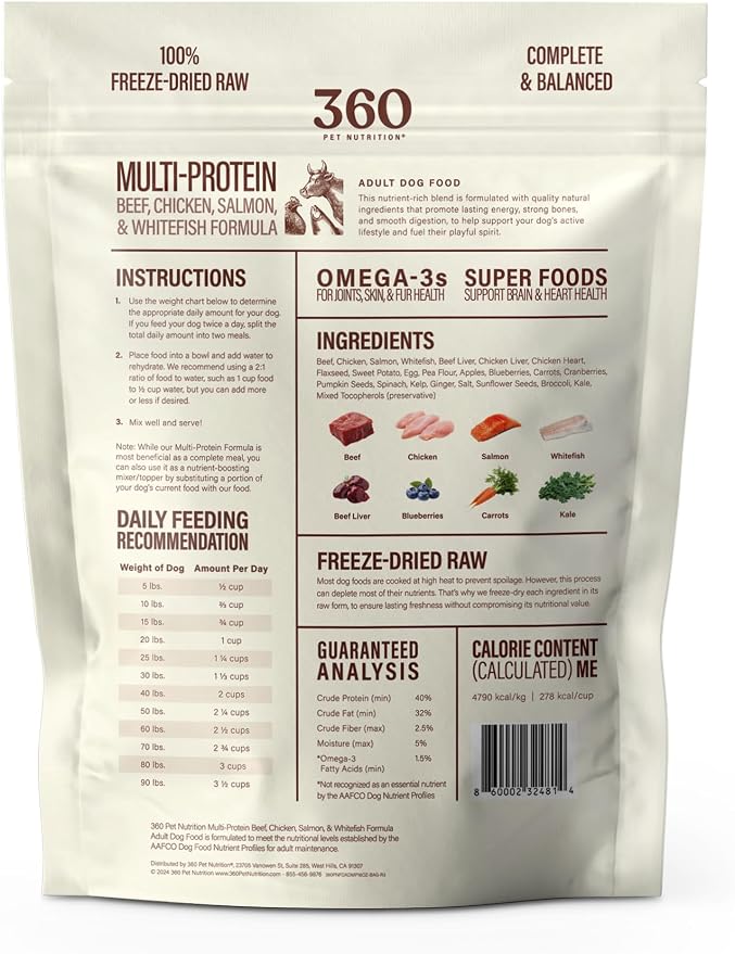 360 Pet Nutrition Freeze-Dried Raw Dog Food – Multi-Protein with Beef, Chicken, Fish & Organs, High Protein, Omega-3s, Fruits, Veggies & Superfoods, Grain-Free, No Filler 4 x 16 oz Made in USA