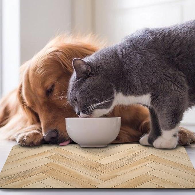 Dog Food Mats,Cat Absorbent Water Bowl Feeding Mats Pet Placemats for Food and Water Brown Wood Grain 17 * 30 inch