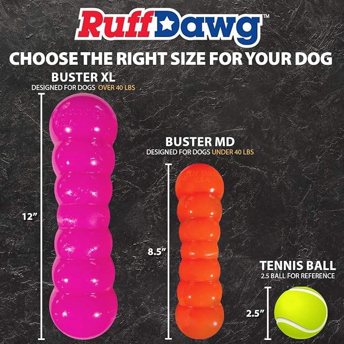Ruff Dawg Indestructible Dawg-Buster Medium Yellow – Heavy-Duty Solid Rubber Dog Chew Stick for Dogs Under 40 lbs – Floats & Bounces – Made in USA