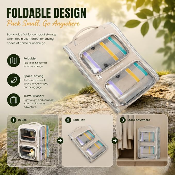 Bird Backpack Carrier for Parrots, Double Layer Bird Travel Cage with Removable Mesh Tray & Perch, Portable Ventilated for Multiple Small Birds Parakeet Cockatiel Conure