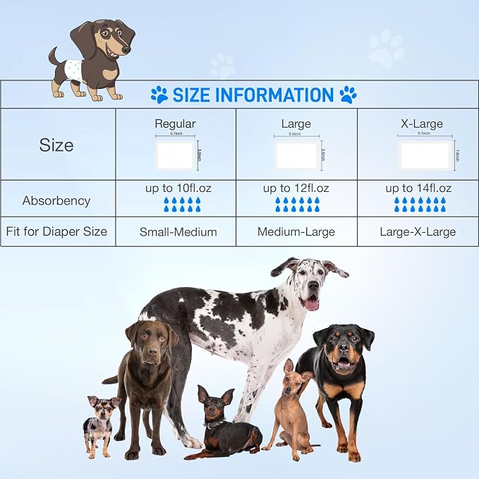 Dog Diaper Liners 100ct, Super Leak Proof and Absorption Disposable Dog Diaper Booster Pads for Female and Male Fit Most Reusable Pet Belly Bands, Wraps, and Period Diapers (X-Large,XL-100ct)