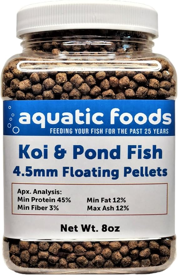 Koi and Pond Fish Pellet Food, 45% Protein 4.5mm Floating Koi Pond Pellets…8oz Jar