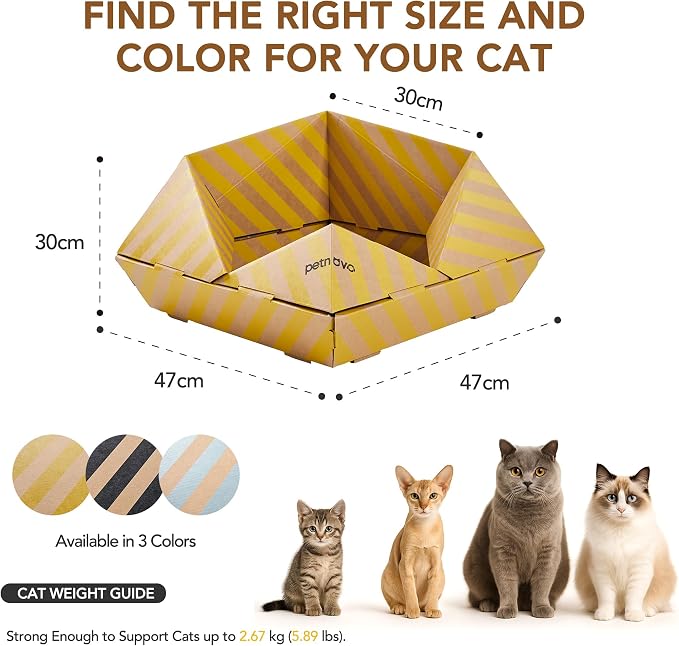 PETNOVO Foldable Cardboard Cat House Bed for Indoor Cats, Collapsible Cat Hideaway with Corrugated Scratcher Insert, Low Entry, Paper Build, 18.5 x 18.5 x 11.8 in, Yellow