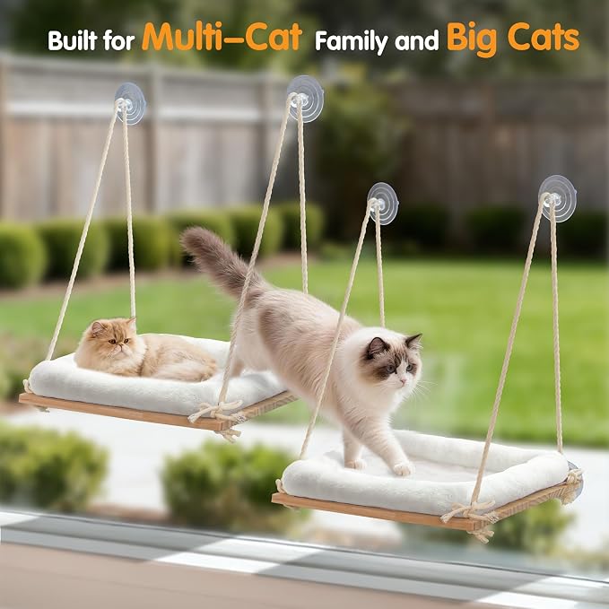 Large Cat Window Perch, Window Hammock Bed with Solid Wood Seat 4 Heavy Duty Suction Cups, Plush Cushion, Indoor Hammock Bed for Large Cats (XL)
