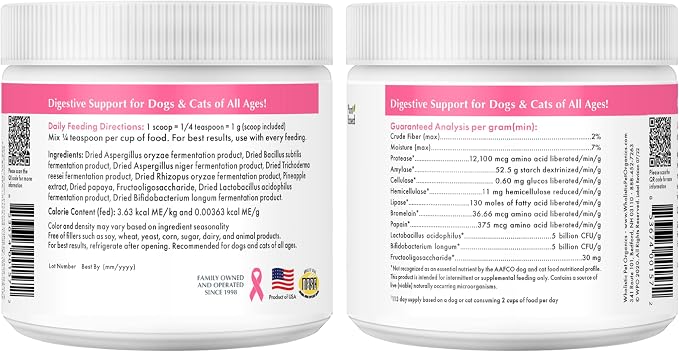 Wholistic Pet Organics Daily Cat & Dog Probiotics for Digestive Health, Anti Diarrhea & Gut Support - Probiotics for Dogs with Digestive Enzymes & Prebiotic Fiber - Cat Probiotic - 4 Oz - 113 Scoops