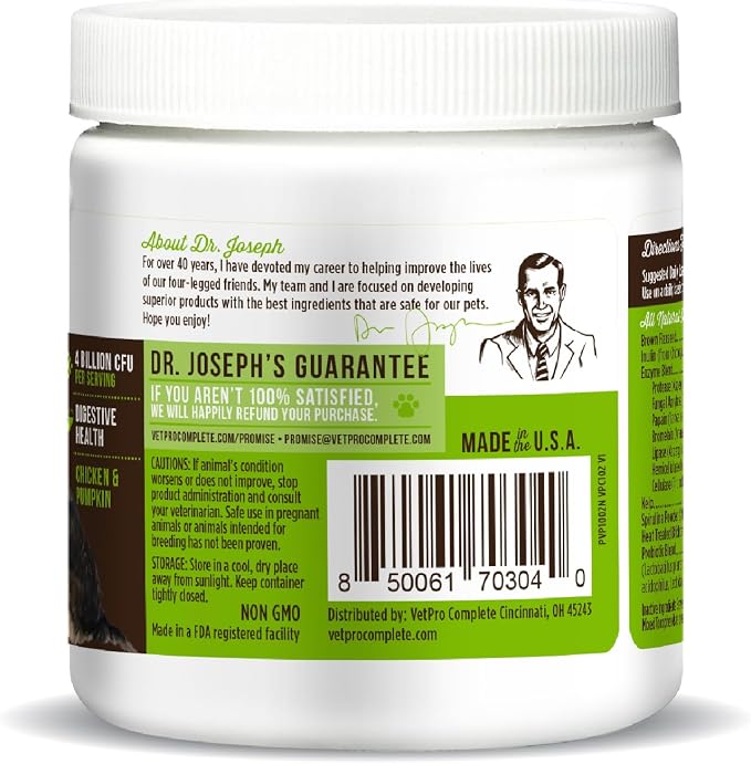 Dr. Joseph's VetPro Complete Advanced Pre & Probiotics Powder for Dogs, Meal Topper, 90 Scoops, Supports Gut Health, Diarrhea, Digestive Health & Allergies, Chicken/Pumpkin Flavor, 4 Billion CFUs