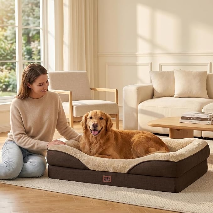 EHEYCIGA Orthopedic XL Dog Bed for Large Sized Dog, 48x35 Inch Extra Large Memory Foam Dog Couch Bed with Sides, Waterproof Liner & Washable Removable Cover, Bolster Pet Sofa, Brown