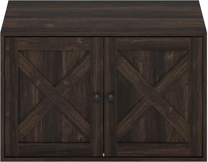 Furinno PELI Cat Litter Box Enclosure, Farmhouse Hidden Litter Box Furniture with Side Entrance, Wooden Pet House with Slatted Door, Easy Assembly, for Living Room, Ebony