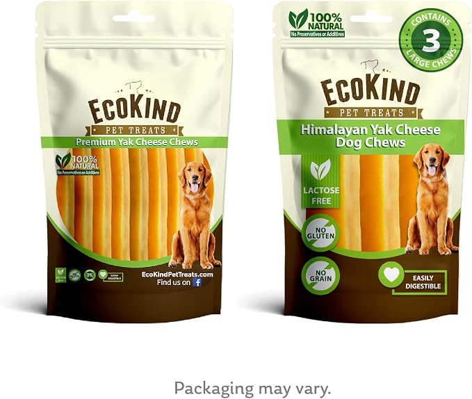 EcoKind Yak Cheese Himalayan Dog Chews, Yak Chews for Large Dogs, Long Lasting Bone for Aggressive Chewers, Only 3 Ingredients, Natural High Protein Treats, No Additives, Lactose Free, Large - 3 Chews