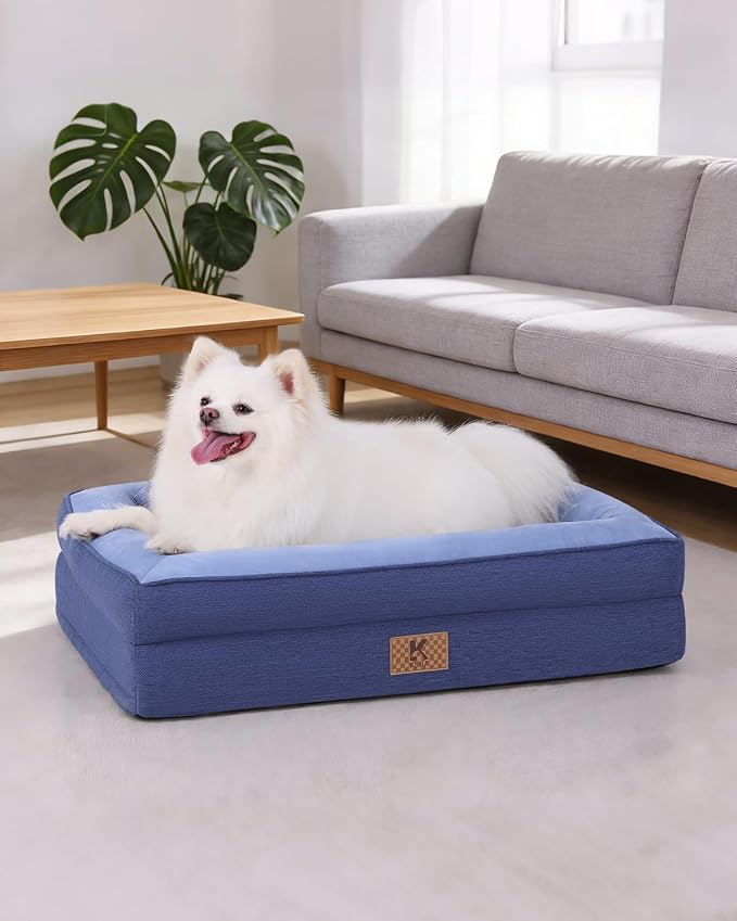 KSIIA Big Dog Bed for Large Dogs, Orthopedic Egg-Crate Memory Foam Pet Bed with Sides, Waterproof Lining and Non Slip Pet Couch with Removable Washable Cover, 36 x 27 Inch, Blue