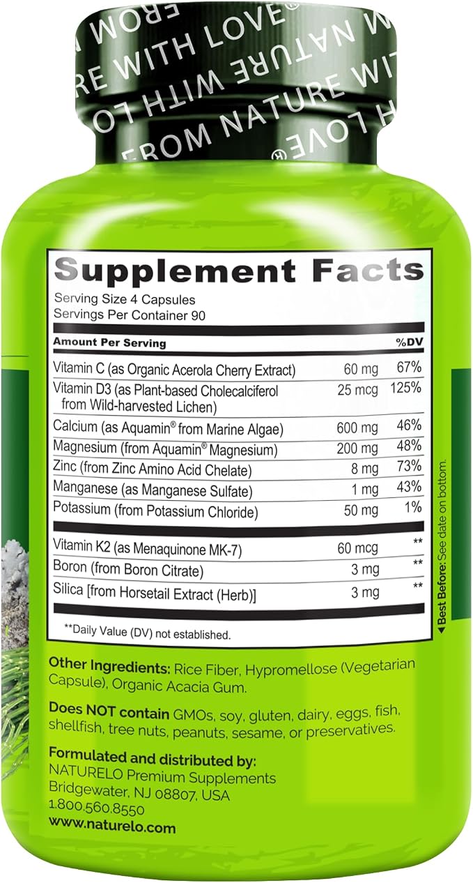 NATURELO Calcium Supplement - with Vitamin C, Vitamin D3, K2, and Calcium Magnesium Zinc for Bone Strength with Calcium 600mg - Plant-Based, 360 Vegetarian Capsules, Non-GMO, Soy & Gluten-Free