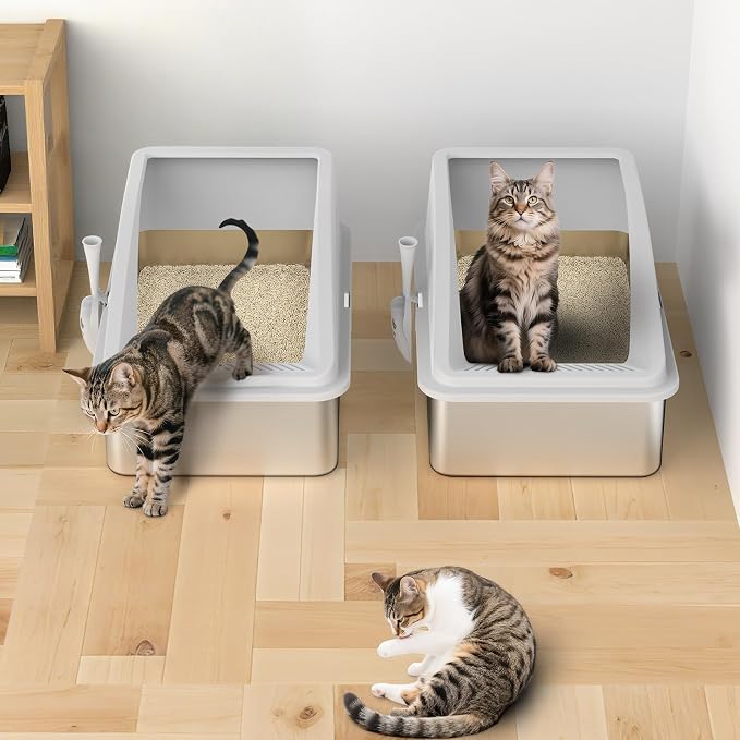 2 Pack Stainless Steel Litter Box | XL Enclosed Cat Litter Boxes with Lid for Big Cats and Multi-Cats | High Sided, Anti-Urine Leakage | Non-Stick Bottom(Ivory White)