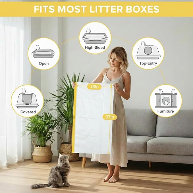 60 Pack 37"x18"Cat litter box liners – No-Tear, Easy-Pull 3MIL Leakproof Jumbo Litter Box Liners, Heavy Duty Drawstring, Boxed Packaging, Odor Control Kitty Litter Bags with Adjustable Elastic Band