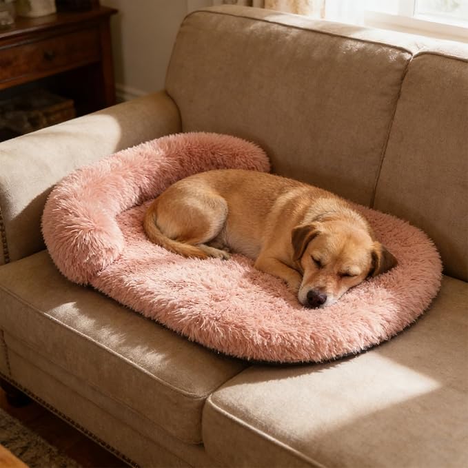 Orthopedic Dog Bed with Egg-Crate Base, Calming Dog Beds Fluffy Plush Faux Fur with Raised Edges, Spine Friendly Pet Sleeping Mat for Medium Large Dogs, Easy Wash (Oval, Blush Pink 40"x30")