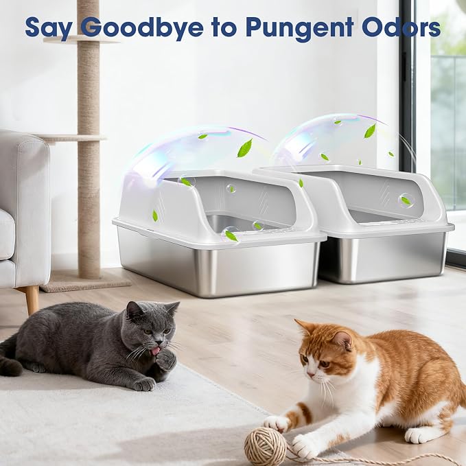 2 Pack XL Stainless Steel Litter Box, Metal Cat Litter Boxes with Lid, High Sided Enclosed Litter Boxes for Big Cat and Multiple Cats, Anti-Urine Leakage | Non-Stick Bottom & Includes Scoop