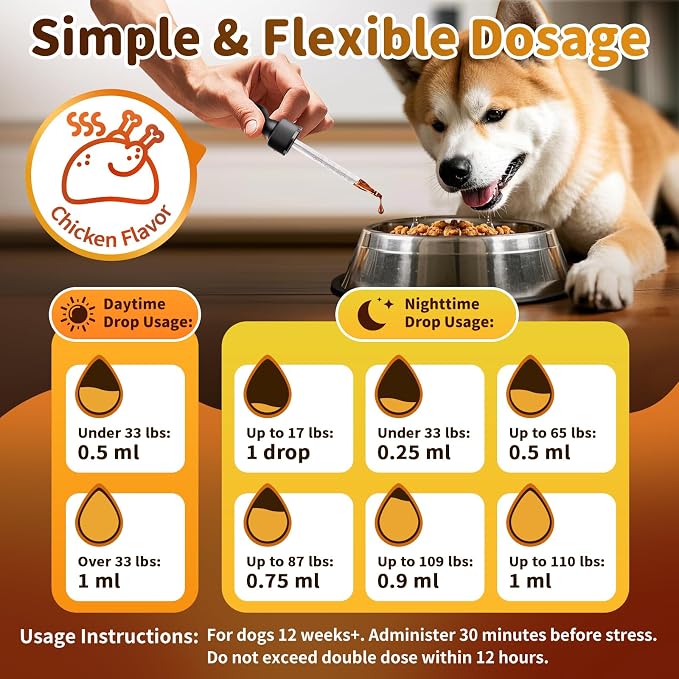 Dog Calming & Melatonin Drops, Day & Night Calm Support Set, Anxiety & Stress Support Calming Treat, Enhance Calmness & Sleep for Separation, Travel, Fireworks & Thunder, Chicken Flavor, 2 FL.Oz