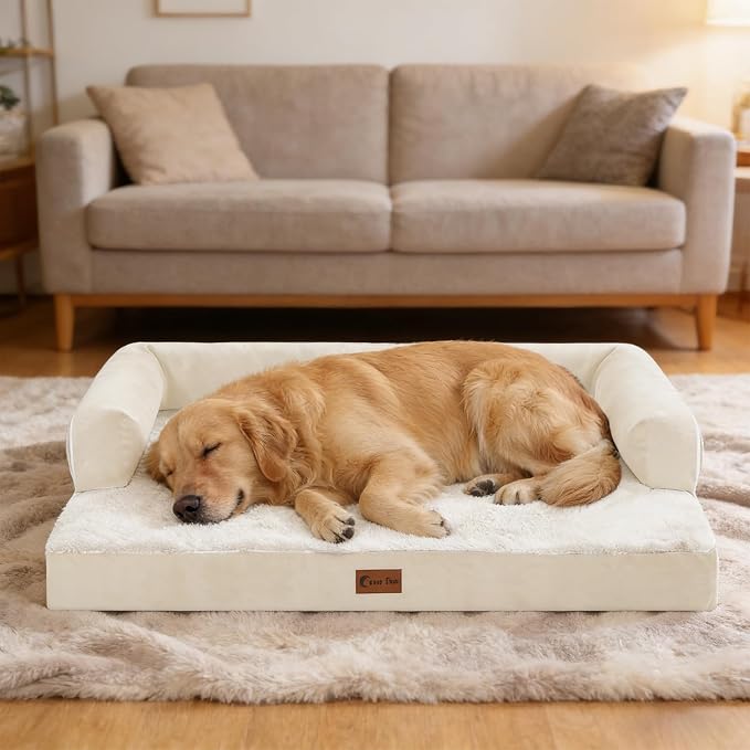 Orthopedic Dog Beds for Extra Large Dogs, Waterproof Egg Crate Foam XL Dog Bed with Sides 41x27Inch, Washable Big Dogs Couch Beds with Removable Cover and Nonskid Bottom, Beige