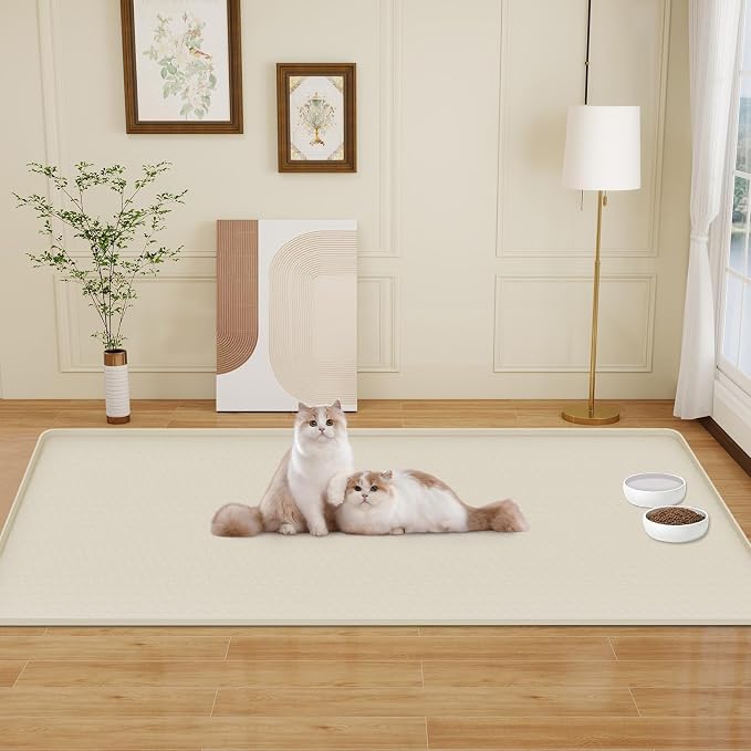 Cat Food Mat, 51" x 25.6" Extra Large Silicone Pet Feeding Mat with Raised Edge Pet Placemat for Food and Water Bowl Non-Slip, Easy to Clean, Floor Protection (Beige)