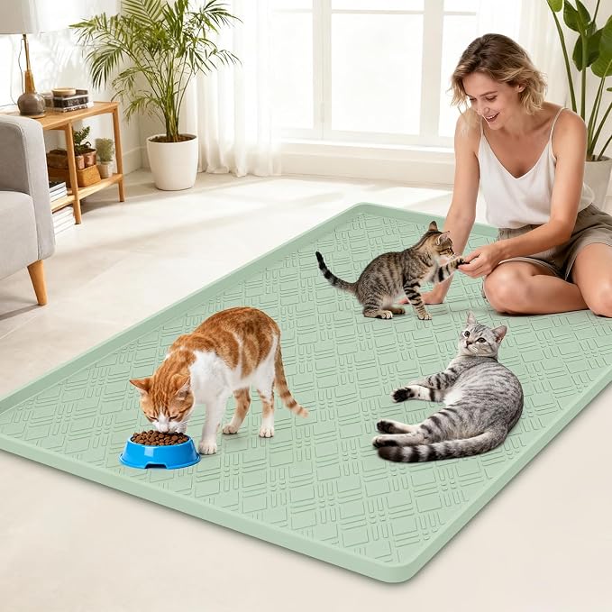 Cat Food Mat, 42" x 29" Large Silicone Mat Cat Feeding Mat with Raised Edge Non-Slip Pet Feeding Mat for Food and Water Bowl, Easy to Clean, Floor Protection (Light Green)