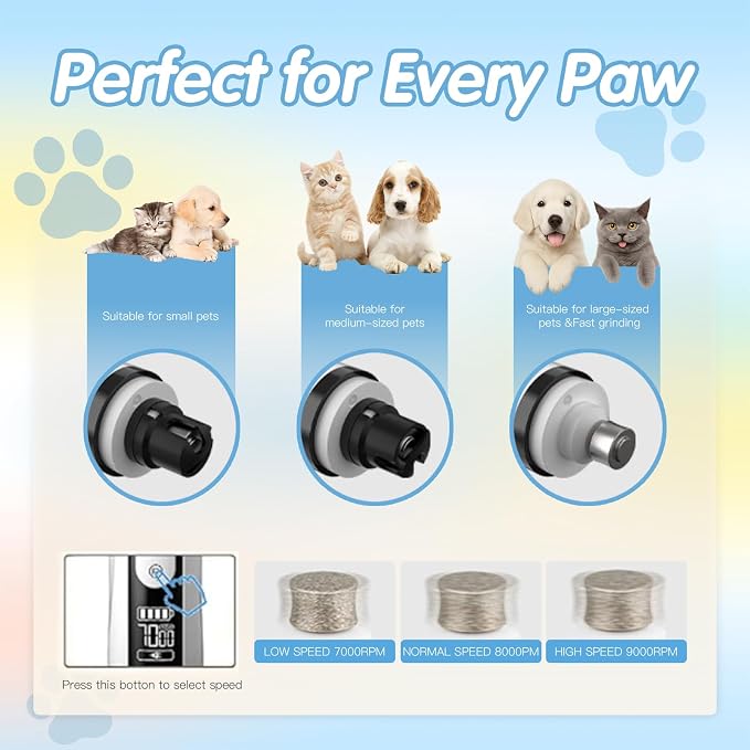 Upgraded Silent Dog Nail Grinder Quiet, Cordless Grooming Pro Nail with 3 Adjustable Speeds & Led Light Whisper Quiet Claw Trimmer for Dogs, Cats and Other Animals (2 Replacement Heads)