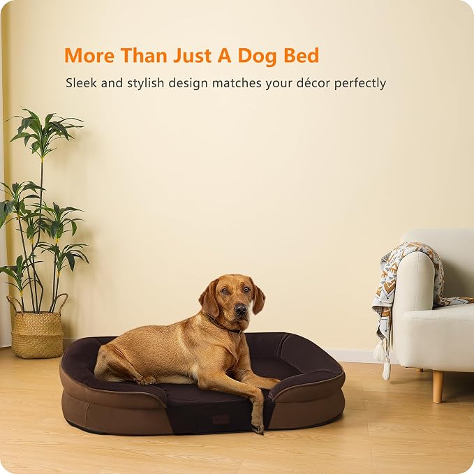 Dwanton Orthopedic Dog Bed for Extra Large Dogs with Gel Memory Foam, Waterproof Dog Sofa, Washable Pet Bed with Four Sided Bolster Cushion, Removable Cover & Non-Slip Bottom, 45", Brown