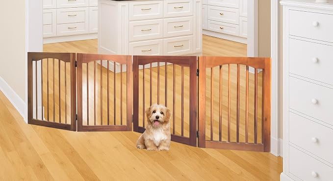 Tabago 4-Panel Foldable Freestanding Wooden Pet Gate 24"x20" – Expands up to 80", White & Natural Dog Gate for Small Pets, Stylish Indoor Barrier for Doorways & Hallways (Brown, 24" H x 80" W)