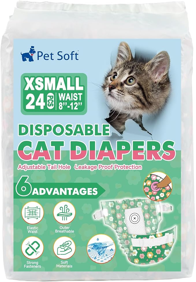 Pet Soft Disposable Cat Diapers - Diaper for Female & Male Cats, Puppy Doggie Diapers for Female Dogs with Adjustable Foam Tail Hole, X-Small (24Pcs, GN Flowers)