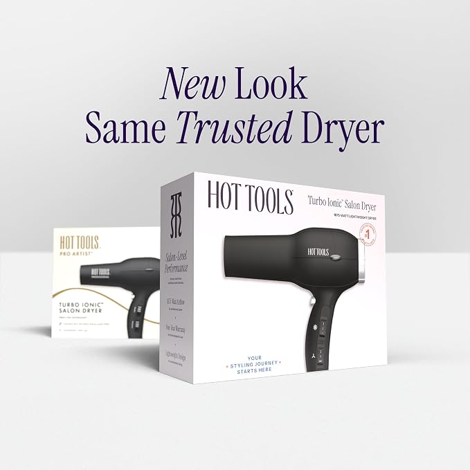 Hot Tools Pro Artist Turbo Ionic Hair Dryer, 1875W High Airflow for Fast Drying, Lightweight Design, Frizz Control, Diffuser and Concentrator, Multiple Heat Settings, Cool Shot, Black