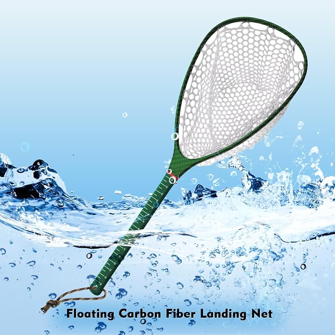 Riverruns Fly Fishing Landing Net Carbon Fiber Trout Net with Measurement Handle, Soft Rubber Mesh - 26" Standard (Wading) / 37" Long (Kayak)