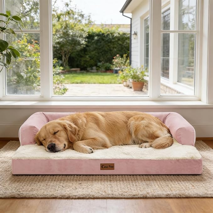Orthopedic Dog Beds for Extra Large Dogs, Waterproof Egg Crate Foam XL Dog Bed with Sides 45x35Inch, Big Dogs Couch Beds with Removable Washable Cover and Nonskid Bottom, Pink