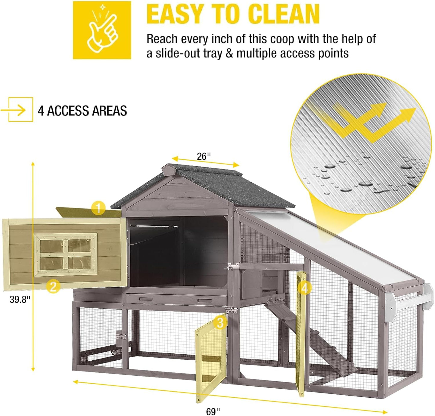 Aivituvin Chicken Coop Outdoor with Wheels, Mobile Hen House Wooden Poultry Cage with Run & Waterproof Roof (Grey with White)