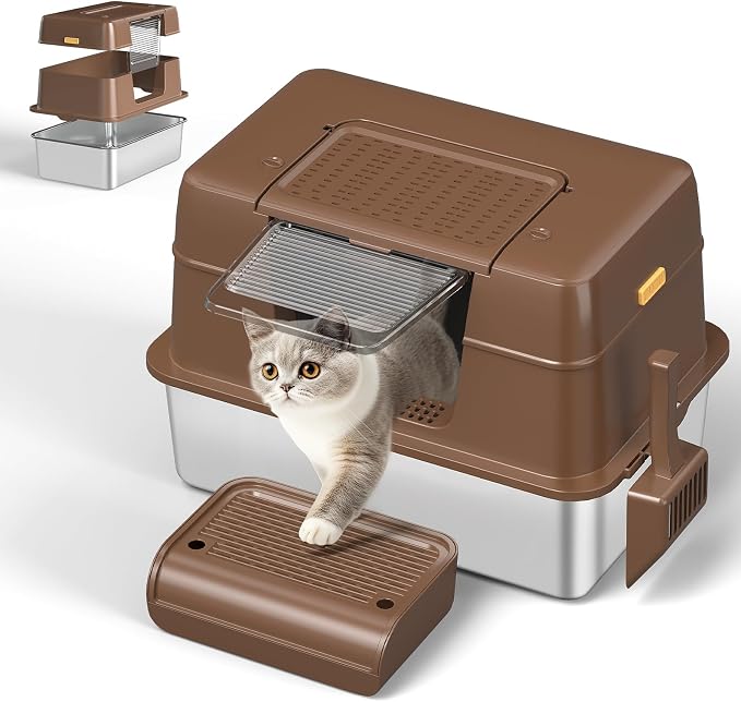 Stainless Steel Extra Large Litter Box with Lid for Big Cats, High Sided, No Odor, Non-Sticky, Anti-Leakage (Brown)