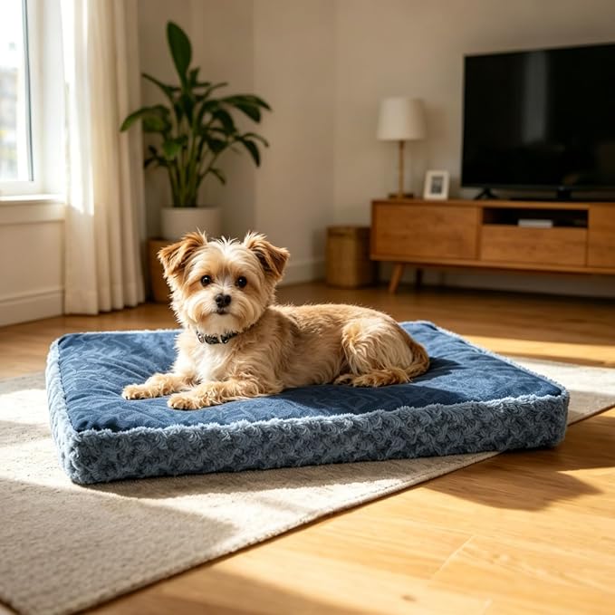 EMPSIGN Stylish Dog Bed Mat Dog Crate Pad Mattress Reversible (Cool & Warm), Water Proof Linings, Removable Machine Washable Cover, Firm Support Pet Crate Bed for Small to XX-Large Dogs, Navy/Grey